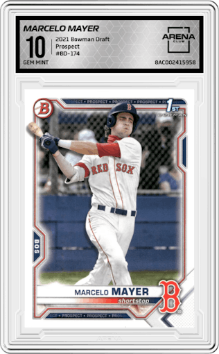 Marcelo Mayer from the 2021 Bowman Draft set graded by Arena Club and given an overall grade of 10.