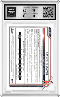 Marcelo Mayer from the 2021 Bowman Draft set graded by Arena Club and given an overall grade of 10.