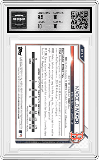 Marcelo Mayer from the 2021 Bowman Draft set graded by Arena Club and given an overall grade of 10.