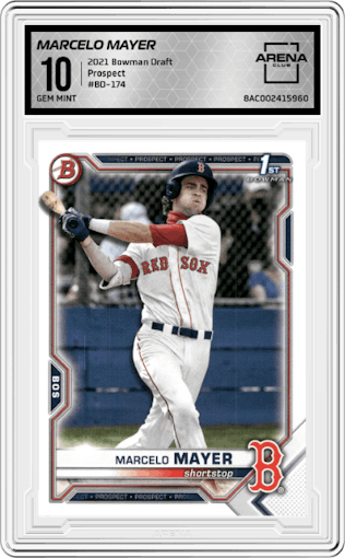 Marcelo Mayer from the 2021 Bowman Draft set graded by Arena Club and given an overall grade of 10.