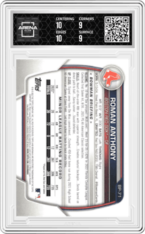 Roman Anthony from the 2023 Bowman  set graded by Arena Club and given an overall grade of 9.5.