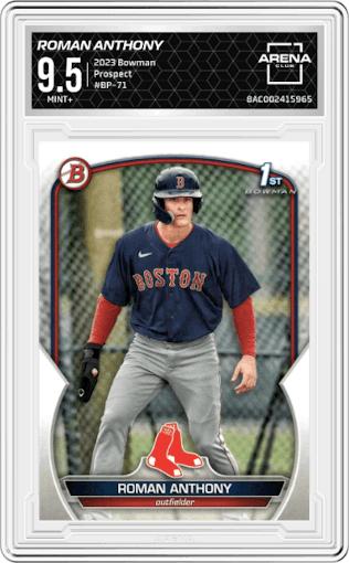 Roman Anthony from the 2023 Bowman  set graded by Arena Club and given an overall grade of 9.5.