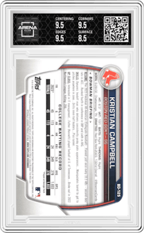 Kristian Campbell from the 2023 Bowman Draft set graded by Arena Club and given an overall grade of 9.