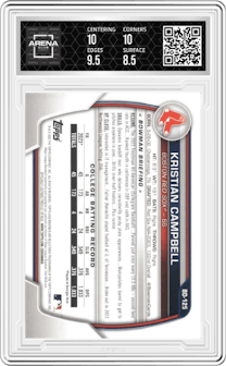 Kristian Campbell from the 2023 Bowman Draft set graded by Arena Club and given an overall grade of 9.
