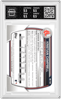 Kristian Campbell from the 2023 Bowman Draft set graded by Arena Club and given an overall grade of 9.