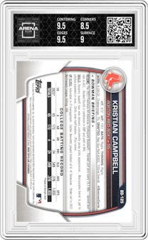 Kristian Campbell from the 2023 Bowman Draft set graded by Arena Club and given an overall grade of 9.