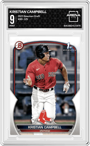 Kristian Campbell from the 2023 Bowman Draft set graded by Arena Club and given an overall grade of 9.