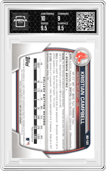 Kristian Campbell from the 2023 Bowman Draft set graded by Arena Club and given an overall grade of 9.