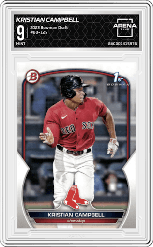 Kristian Campbell from the 2023 Bowman Draft set graded by Arena Club and given an overall grade of 9.