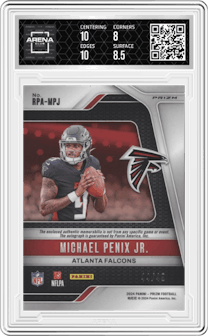 Michael Penix Jr. from the 2024 Panini Prizm set featuring a Purple Power Prizm parallel graded by Arena Club and given an overall grade of 8.5.