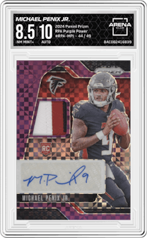 Michael Penix Jr. from the 2024 Panini Prizm set featuring a Purple Power Prizm parallel graded by Arena Club and given an overall grade of 8.5.
