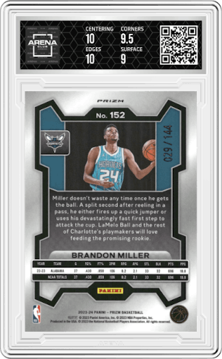 Brandon Miller from the 2023-24 Panini Prizm set featuring a Blue Sparkle parallel graded by Arena Club and given an overall grade of 9.5.
