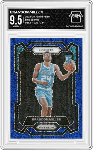 Brandon Miller from the 2023-24 Panini Prizm set featuring a Blue Sparkle parallel graded by Arena Club and given an overall grade of 9.5.