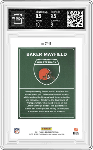 Baker Mayfield from the 2021 Panini Donruss set graded by Arena Club and given an overall grade of 9.5.