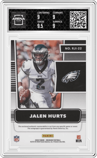 Jalen Hurts from the 2020 Panini Obsidian set graded by Arena Club and given an overall grade of 9.