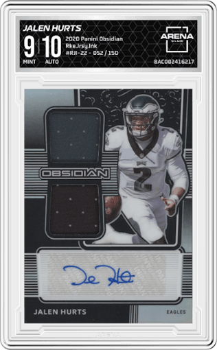 Jalen Hurts from the 2020 Panini Obsidian set graded by Arena Club and given an overall grade of 9.
