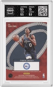 Tyrese Maxey from the 2023-24 Panini One and One set featuring a Red parallel graded by Arena Club and given an overall grade of 8.