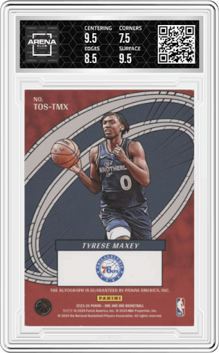 Tyrese Maxey from the 2023-24 Panini One and One set featuring a Red parallel graded by Arena Club and given an overall grade of 8.