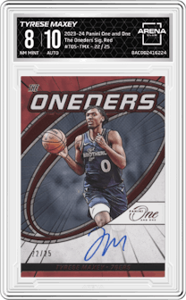 Tyrese Maxey from the 2023-24 Panini One and One set featuring a Red parallel graded by Arena Club and given an overall grade of 8.