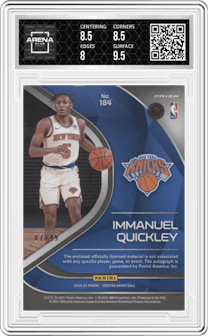 Immanuel Quickley from the 2020-21 Panini Spectra set featuring a Interstellar parallel graded by Arena Club and given an overall grade of 8.5.