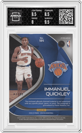 Immanuel Quickley from the 2020-21 Panini Spectra set featuring a Interstellar parallel graded by Arena Club and given an overall grade of 8.5.