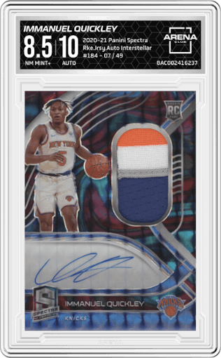Immanuel Quickley from the 2020-21 Panini Spectra set featuring a Interstellar parallel graded by Arena Club and given an overall grade of 8.5.