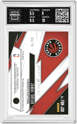 Jamal Shead from the 2024-25 Panini Prizm set featuring a Gold parallel graded by Arena Club and given an overall grade of 9.5.