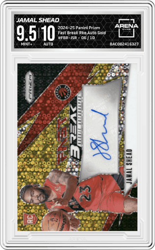 Jamal Shead from the 2024-25 Panini Prizm set featuring a Gold parallel graded by Arena Club and given an overall grade of 9.5.