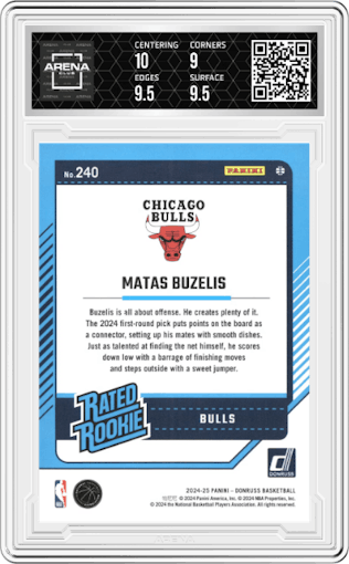 Matas Buzelis from the 2024-25 Panini Donruss set featuring a Blue Choice parallel graded by Arena Club and given an overall grade of 9.5.