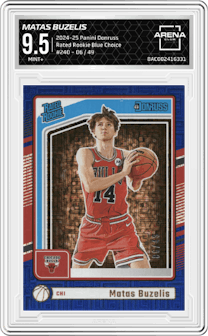 Matas Buzelis from the 2024-25 Panini Donruss set featuring a Blue Choice parallel graded by Arena Club and given an overall grade of 9.5.