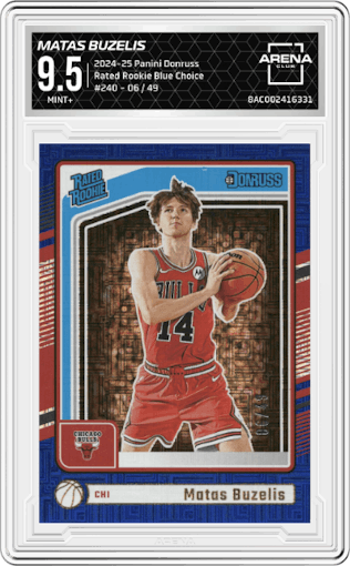 Matas Buzelis from the 2024-25 Panini Donruss set featuring a Blue Choice parallel graded by Arena Club and given an overall grade of 9.5.
