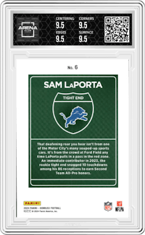 Sam LaPorta from the 2024 Donruss set graded by Arena Club and given an overall grade of 9.5.