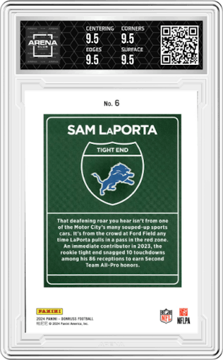 Sam LaPorta from the 2024 Donruss set graded by Arena Club and given an overall grade of 9.5.