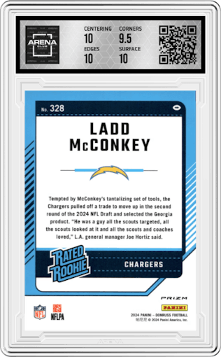 Ladd McConkey from the 2024 Donruss set featuring a Football Emoji parallel graded by Arena Club and given an overall grade of 10.