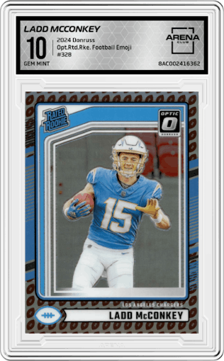 Ladd McConkey from the 2024 Donruss set featuring a Football Emoji parallel graded by Arena Club and given an overall grade of 10.