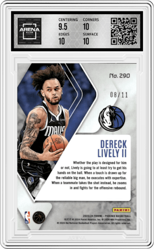 Dereck Lively II from the 2023-24 Panini Phoenix set featuring a Red Pandora FOTL parallel graded by Arena Club and given an overall grade of 10.