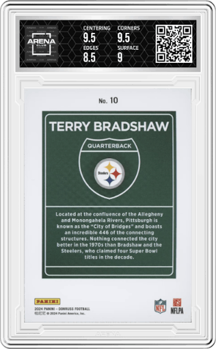 Terry Bradshaw from the 2024 Donruss set graded by Arena Club and given an overall grade of 9.