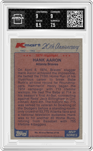 Hank Aaron from the 1982 Topps Kmart 20th Anniversary set graded by Arena Club and given an overall grade of 8.
