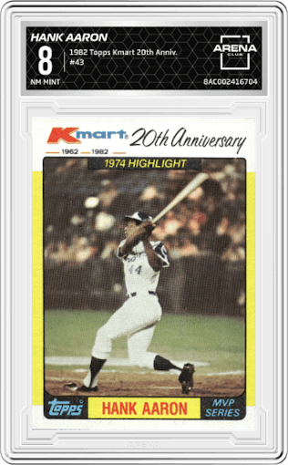 Hank Aaron from the 1982 Topps Kmart 20th Anniversary set graded by Arena Club and given an overall grade of 8.