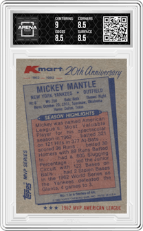 Mickey Mantle from the 1982 Topps Kmart 20th Anniversary set graded by Arena Club and given an overall grade of 8.5.