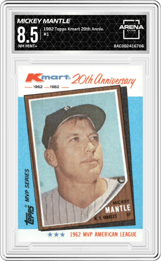 Mickey Mantle from the 1982 Topps Kmart 20th Anniversary set graded by Arena Club and given an overall grade of 8.5.