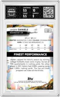 Jayden Daniels from the 2024 Finest set featuring a Blue Refractor parallel graded by Arena Club and given an overall grade of 9.5.