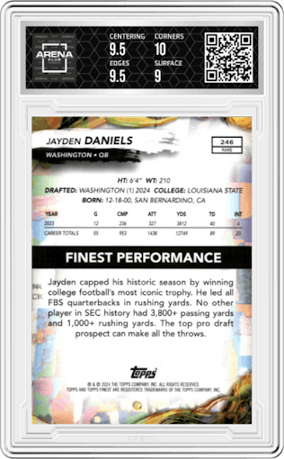 Jayden Daniels from the 2024 Finest set featuring a Blue Refractor parallel graded by Arena Club and given an overall grade of 9.5.