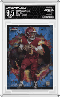 Jayden Daniels from the 2024 Finest set featuring a Blue Refractor parallel graded by Arena Club and given an overall grade of 9.5.