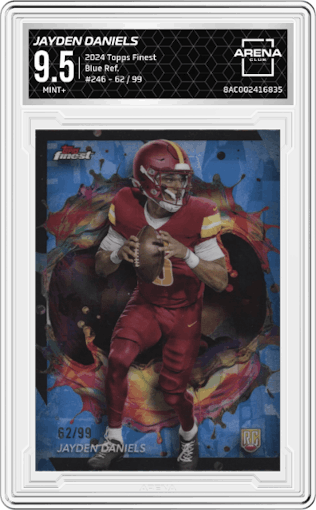 Jayden Daniels from the 2024 Finest set featuring a Blue Refractor parallel graded by Arena Club and given an overall grade of 9.5.