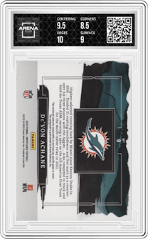 De'von Achane from the 2023 Panini Impeccable set featuring a Nameplate parallel graded by Arena Club and given an overall grade of 9.