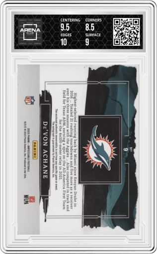 De'von Achane from the 2023 Panini Impeccable set featuring a Nameplate parallel graded by Arena Club and given an overall grade of 9.