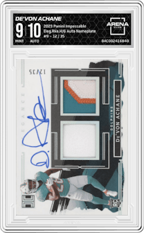 De'von Achane from the 2023 Panini Impeccable set featuring a Nameplate parallel graded by Arena Club and given an overall grade of 9.
