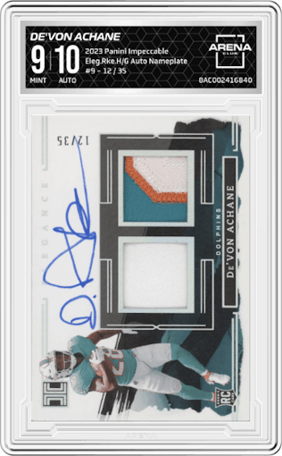 De'von Achane from the 2023 Panini Impeccable set featuring a Nameplate parallel graded by Arena Club and given an overall grade of 9.