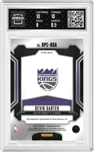 Devin Carter from the 2024-25 Panini Prizm set featuring a Gold Prizm parallel graded by Arena Club and given an overall grade of 8.5.
